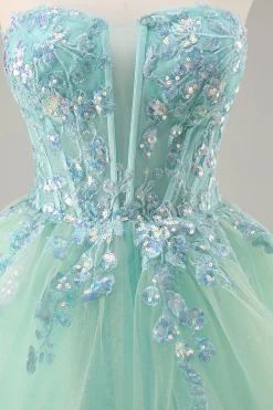 Strapless Uma linha verde espartilho longo vestido de baile com lantejoulas