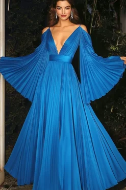 Sun-Plissado Azul Chiffon Uma Linha Deep V Pescoço Esparguete Correias Vestido Gala