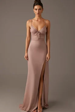 Sunset Spaghetti Correias Bainha Vestido de Noite com Fenda