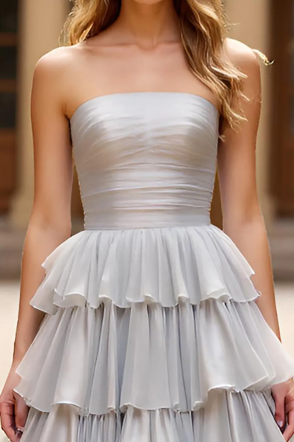 Tafetá Prata Uma Linha Long Prom Dress com Folhos