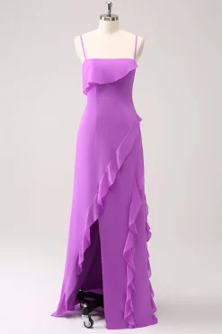 Tahiti Ruffle Esparguete Correias Chiffon Long Vestido de Madrinha com Fenda