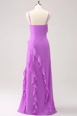 Tahiti Ruffle Esparguete Correias Chiffon Long Vestido de Madrinha com Fenda