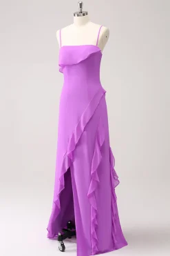 Tahiti Ruffle Esparguete Correias Chiffon Long Vestido de Madrinha com Fenda