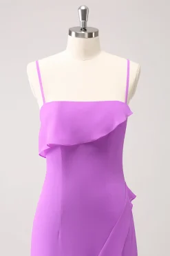 Tahiti Ruffle Esparguete Correias Chiffon Long Vestido de Madrinha com Fenda