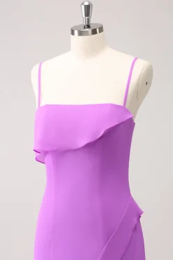 Tahiti Ruffle Esparguete Correias Chiffon Long Vestido de Madrinha com Fenda