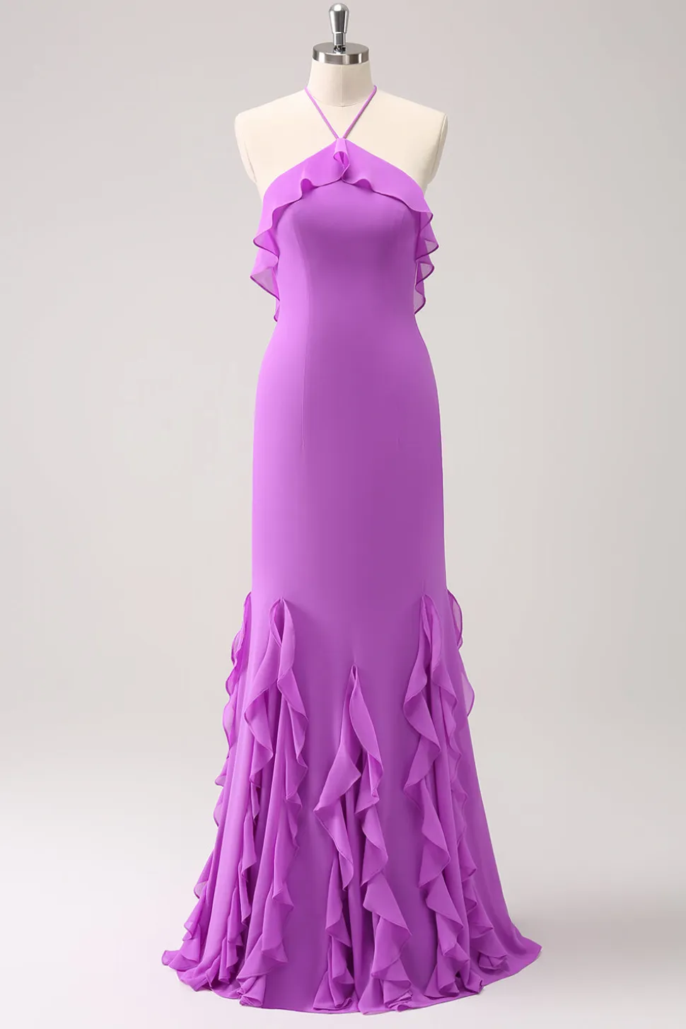 Tahiti Sereia Halter Ruffle Chiffon Long Vestido de Dama de Honra