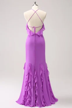 Tahiti Sereia Halter Ruffle Chiffon Long Vestido de Dama de Honra
