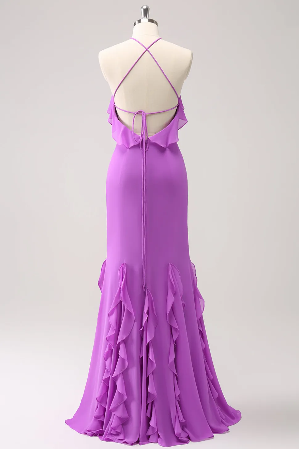 Tahiti Sereia Halter Ruffle Chiffon Long Vestido de Dama de Honra