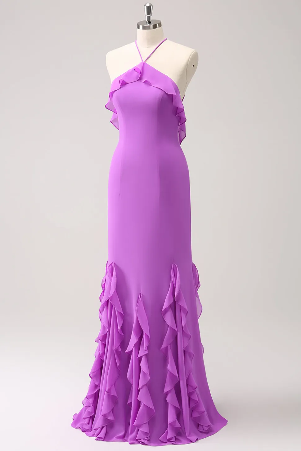 Tahiti Sereia Halter Ruffle Chiffon Long Vestido de Dama de Honra