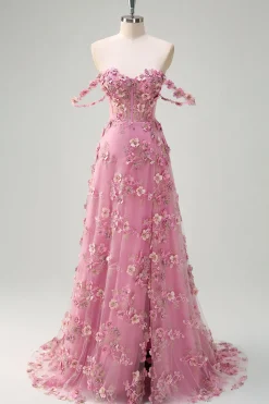 Taro A-Line Off The Shoulder Corset Fenda Vestido Longo Baile de Formatura Com Flores 3D