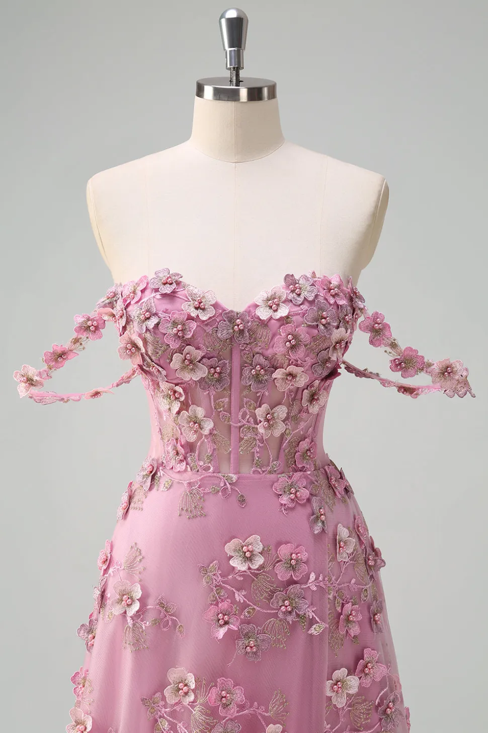 Taro A-Line Off The Shoulder Corset Fenda Vestido Longo Baile de Formatura Com Flores 3D