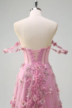Taro A-Line Off The Shoulder Corset Fenda Vestido Longo Baile de Formatura Com Flores 3D