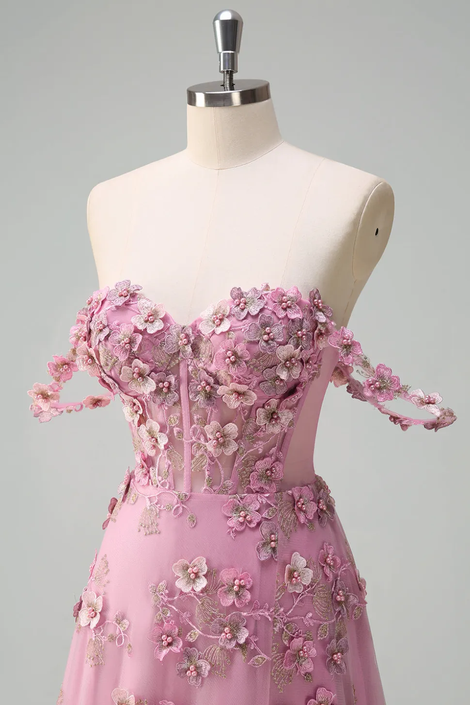 Taro A-Line Off The Shoulder Corset Fenda Vestido Longo Baile de Formatura Com Flores 3D