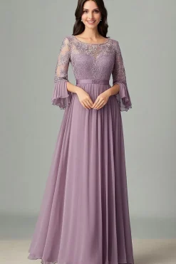 Taro Purple Lace Chiffon Mãe Do Vestido De Noiva Com 3/4 Mangas