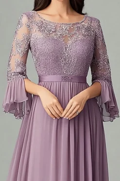 Taro Purple Lace Chiffon Mãe Do Vestido De Noiva Com 3/4 Mangas