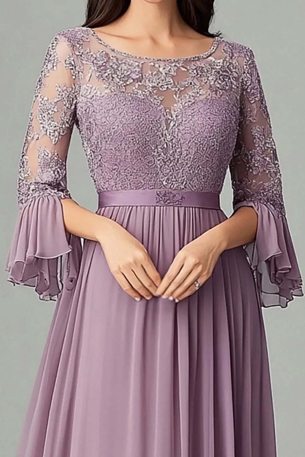Taro Purple Lace Chiffon Mãe Do Vestido De Noiva Com 3/4 Mangas