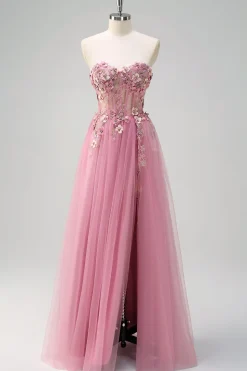 Taro roxo A-Line Strapless 3D Flor Corset Long Prom Dress com fenda