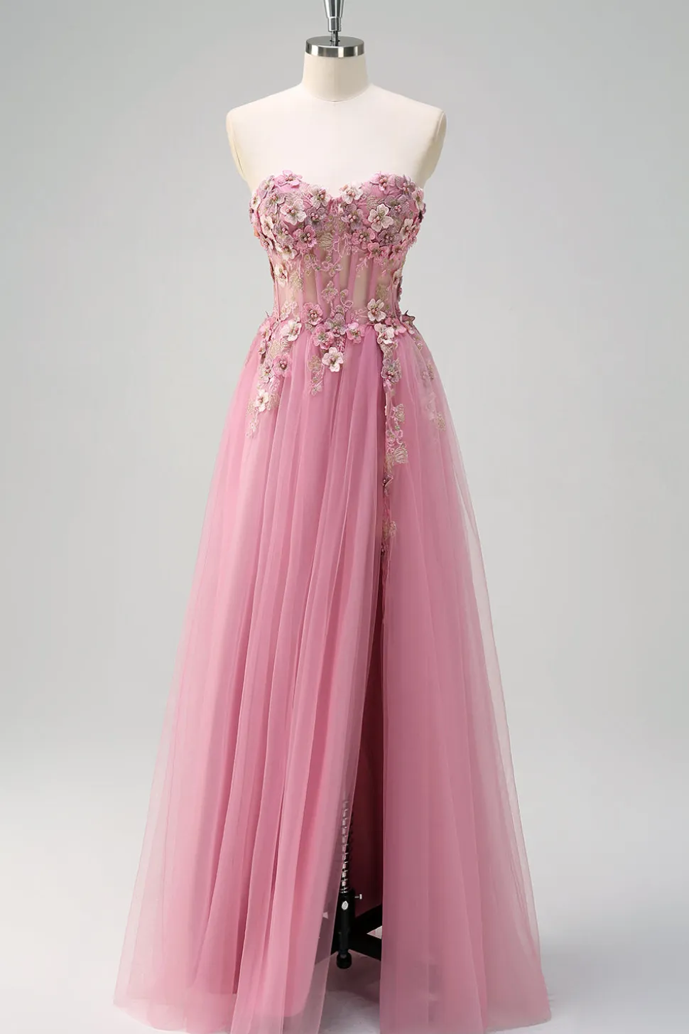 Taro roxo A-Line Strapless 3D Flor Corset Long Prom Dress com fenda