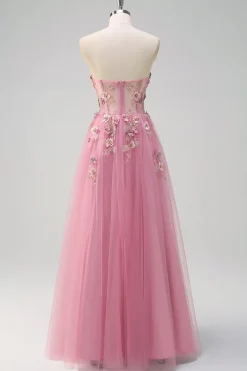 Taro roxo A-Line Strapless 3D Flor Corset Long Prom Dress com fenda
