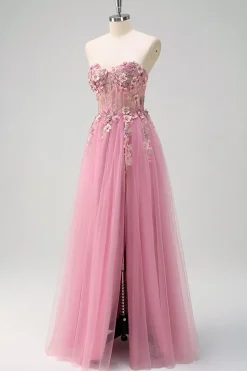 Taro roxo A-Line Strapless 3D Flor Corset Long Prom Dress com fenda