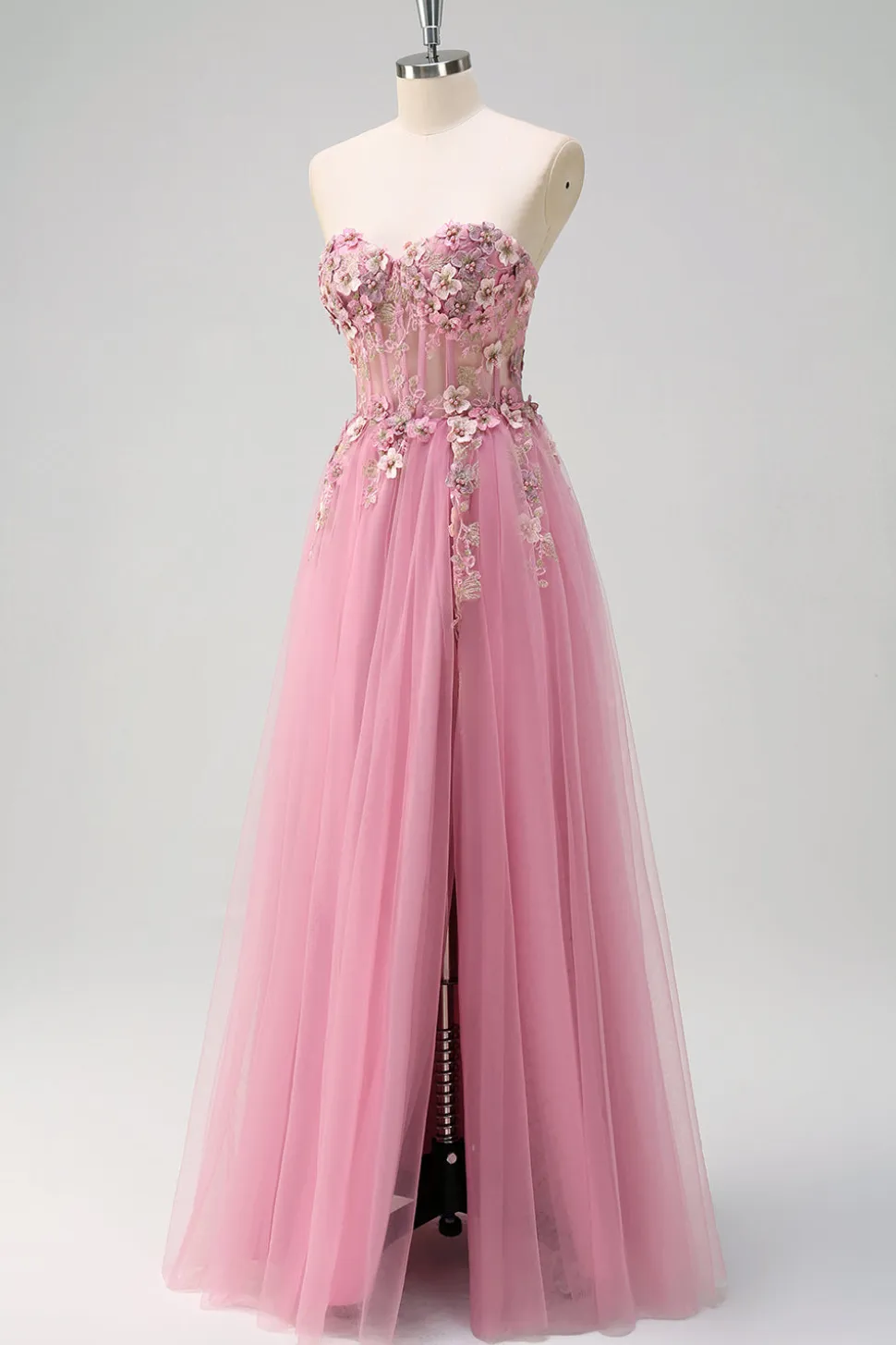 Taro roxo A-Line Strapless 3D Flor Corset Long Prom Dress com fenda