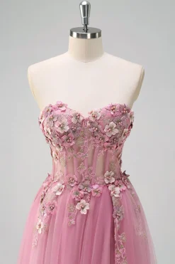 Taro roxo A-Line Strapless 3D Flor Corset Long Prom Dress com fenda