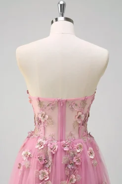 Taro roxo A-Line Strapless 3D Flor Corset Long Prom Dress com fenda