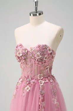 Taro roxo A-Line Strapless 3D Flor Corset Long Prom Dress com fenda