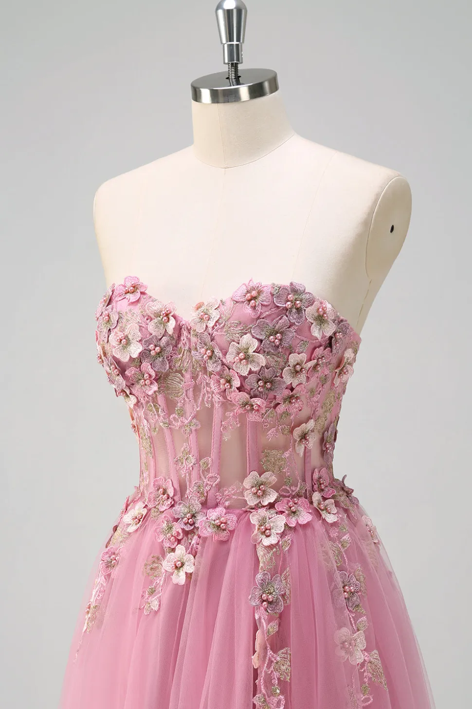 Taro roxo A-Line Strapless 3D Flor Corset Long Prom Dress com fenda