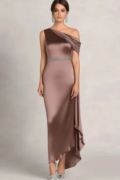 Taupe Bainha Um Ombro Ruched Rhinetones Cetim Mãe Do Vestido Da Noiva