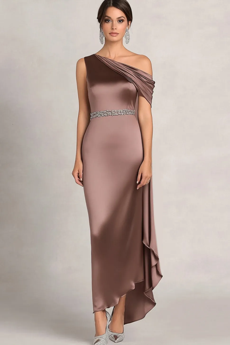 Taupe Bainha Um Ombro Ruched Rhinetones Cetim Mãe Do Vestido Da Noiva