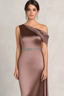Taupe Bainha Um Ombro Ruched Rhinetones Cetim Mãe Do Vestido Da Noiva