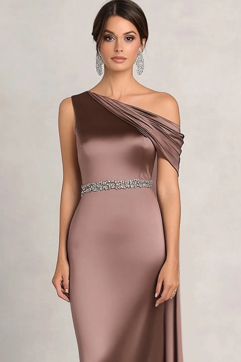 Taupe Bainha Um Ombro Ruched Rhinetones Cetim Mãe Do Vestido Da Noiva