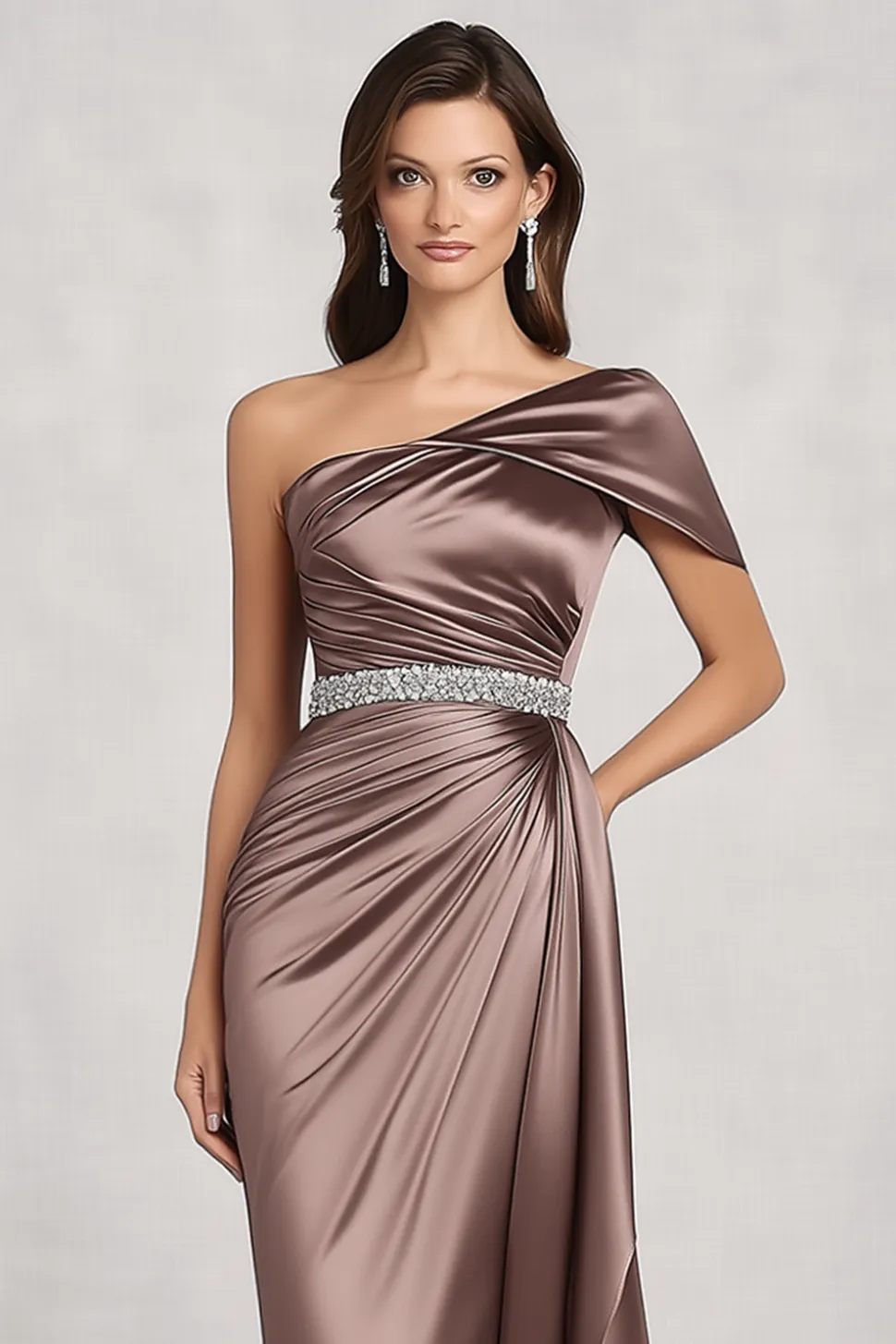 Taupe Cetim Um Ombro Mãe do Vestido da Noiva
