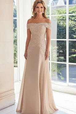Taupe elegante fora do ombro Chiffon bainha longa mãe da noiva com apliques de renda