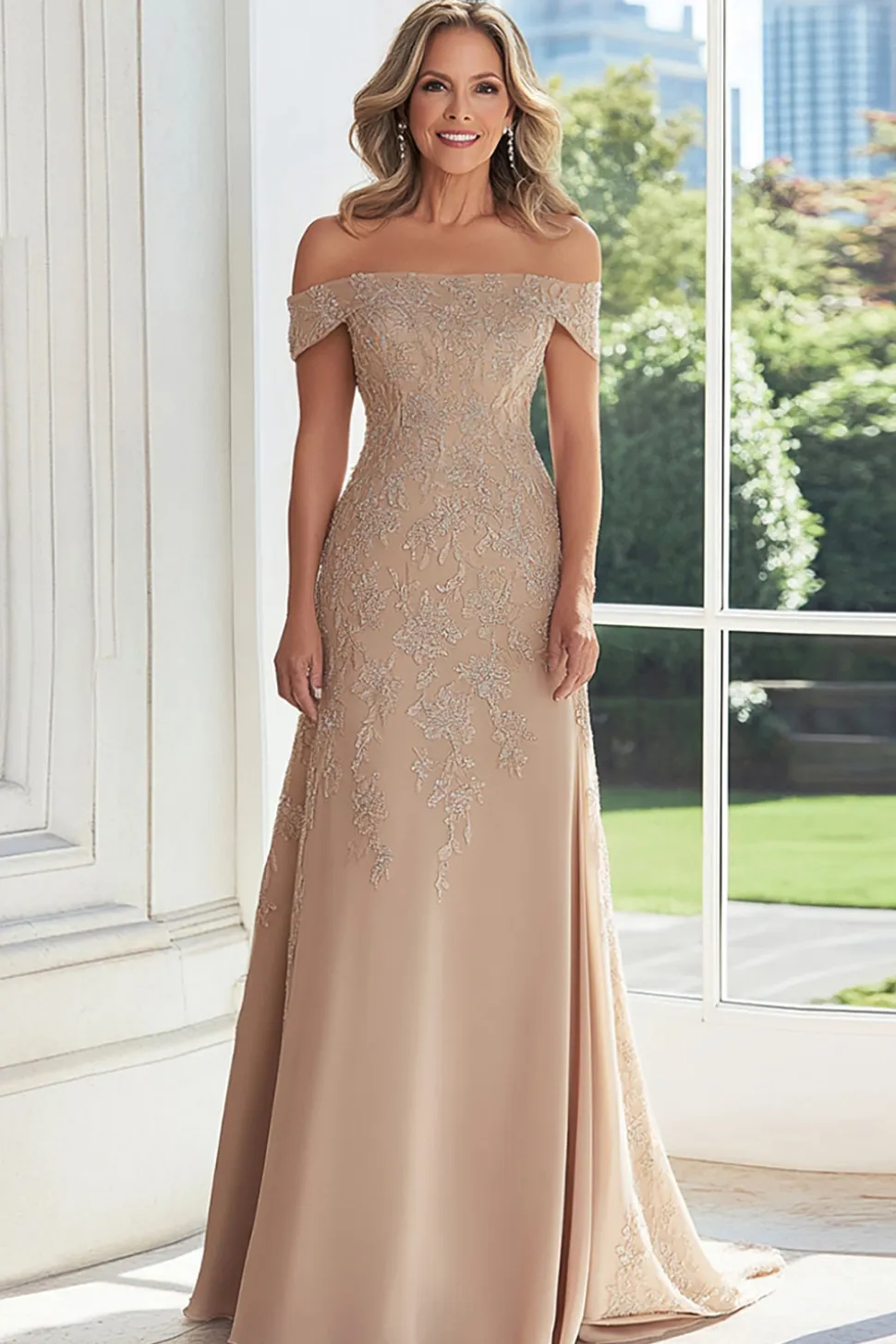 Taupe Lace Applique Bainha Fora do Ombro Mãe do Vestido da Noiva