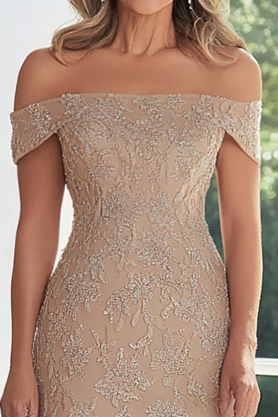 Taupe Lace Applique Bainha Fora do Ombro Mãe do Vestido da Noiva