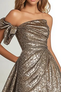 Tecido Gold Glitter Uma Linha Um Ombro Plissado Vestido de Baile com Fenda