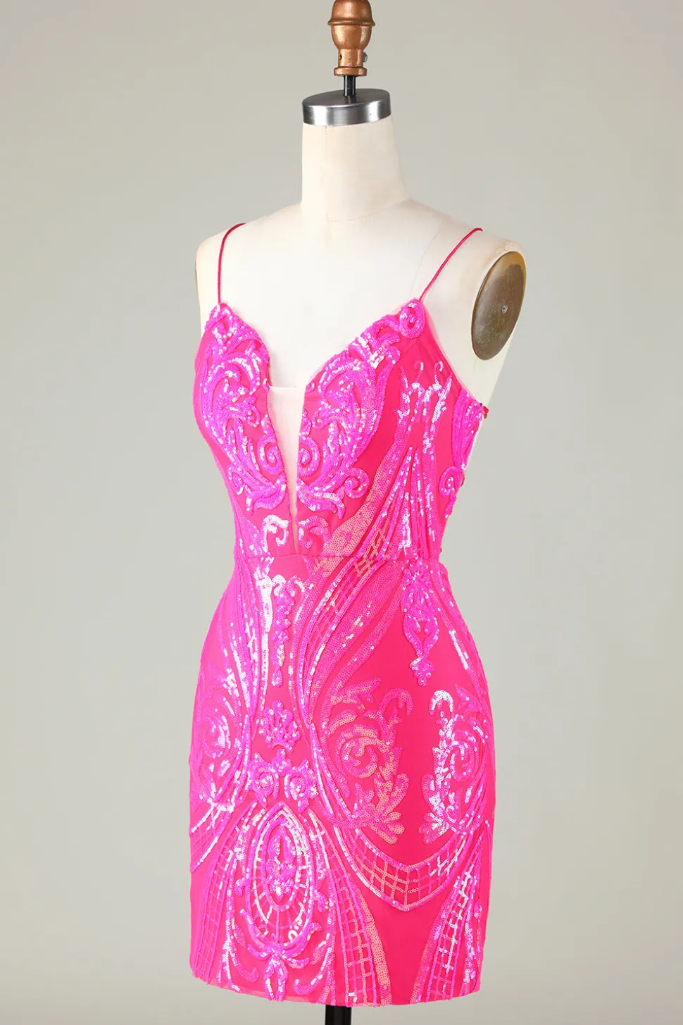 Tendência Hot Pink Lace Up Tight Glitter Homecoming Vestido
