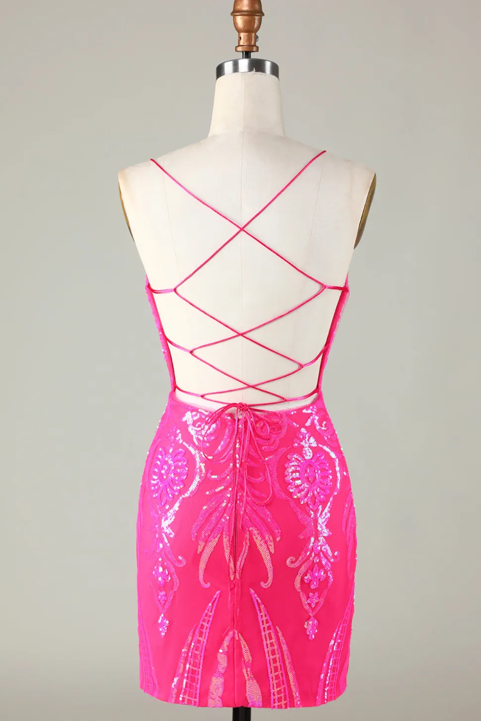 Tendência Hot Pink Lace Up Tight Glitter Homecoming Vestido