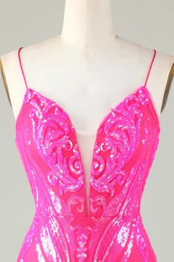 Tendência Hot Pink Lace Up Tight Glitter Homecoming Vestido