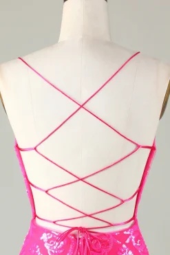 Tendência Hot Pink Lace Up Tight Glitter Homecoming Vestido