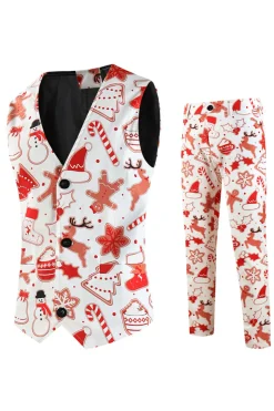 Terno branco impresso de 3 peças para homens de Natal