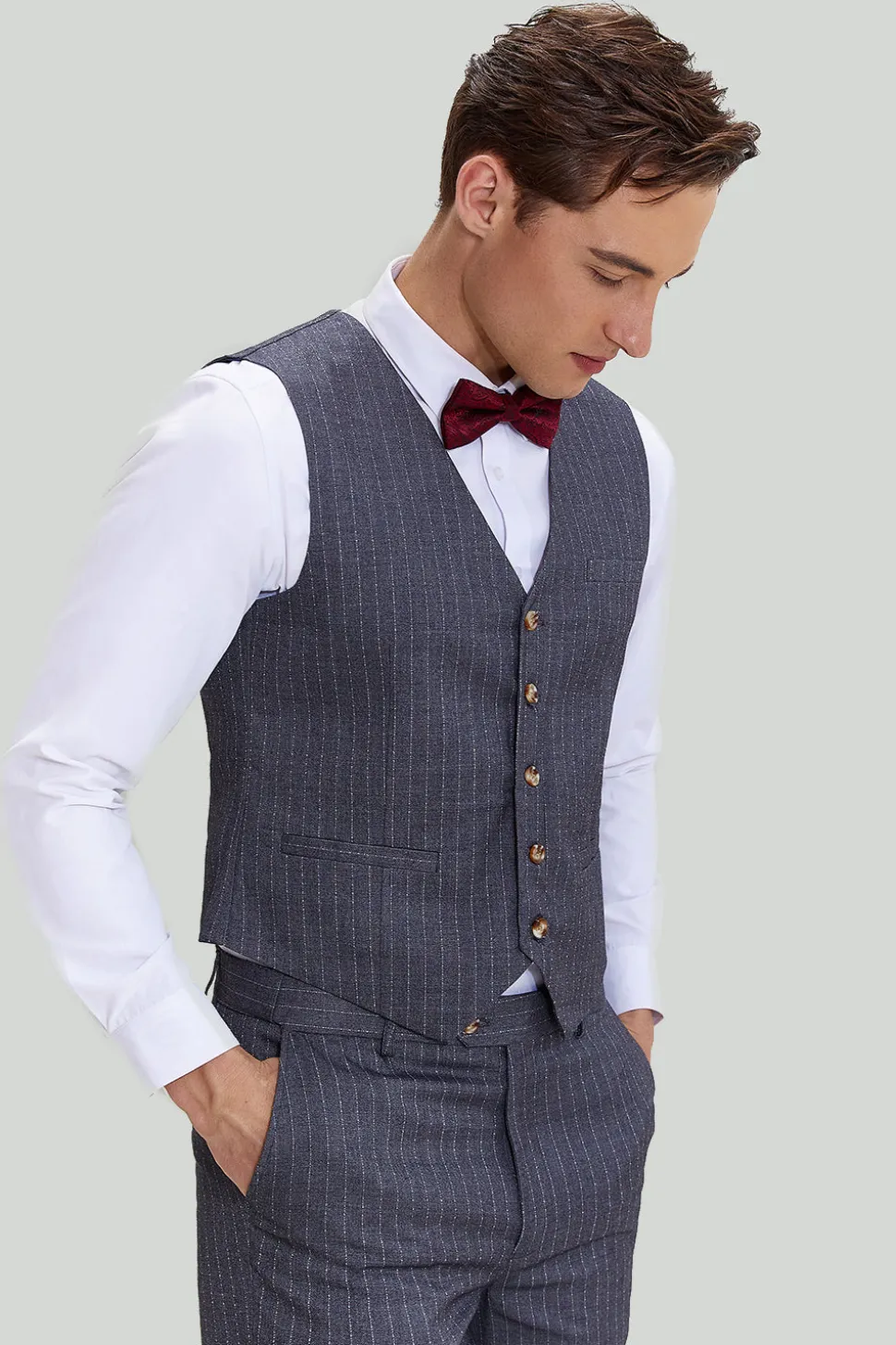 Terno cinzento pinstripe de 3 peças masculino