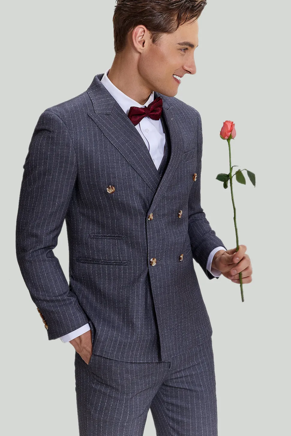 Terno cinzento pinstripe de 3 peças masculino