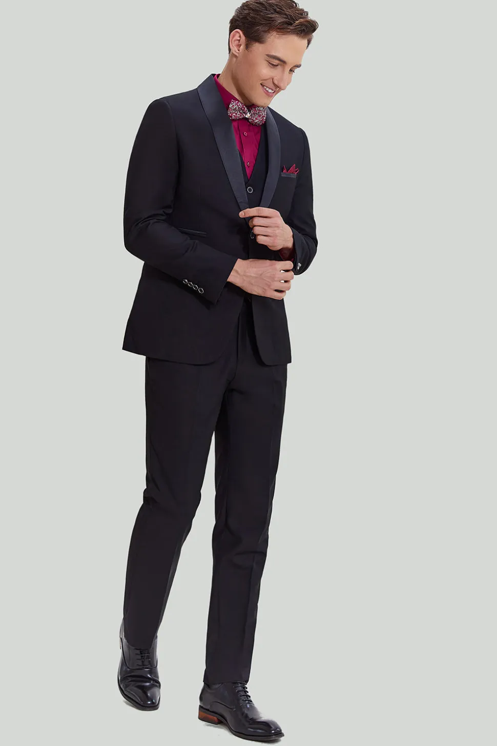 Terno de lapela masculino preto de 3 peças slim fit