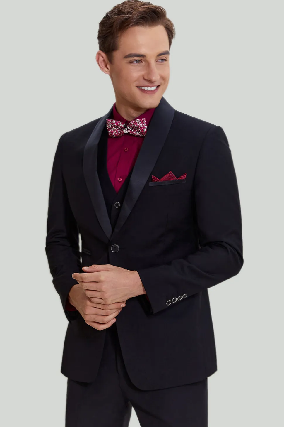 Terno de lapela masculino preto de 3 peças slim fit