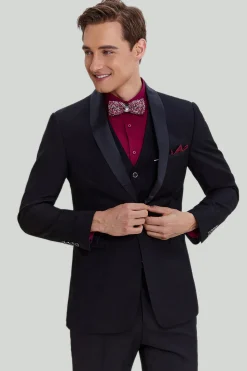 Terno de lapela masculino preto de 3 peças slim fit