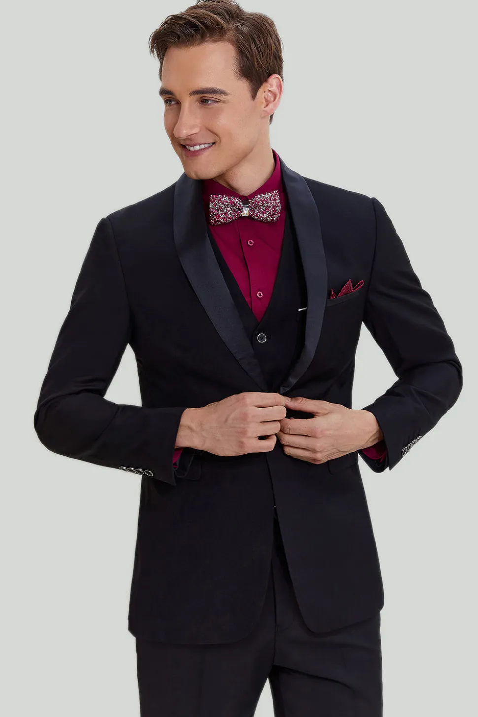 Terno de lapela masculino preto de 3 peças slim fit