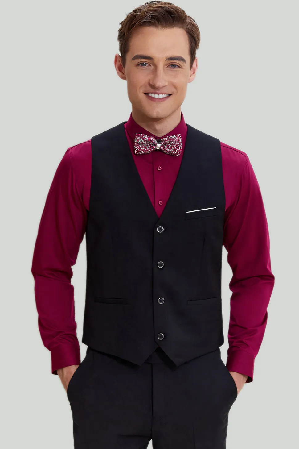 Terno de lapela masculino preto de 3 peças slim fit